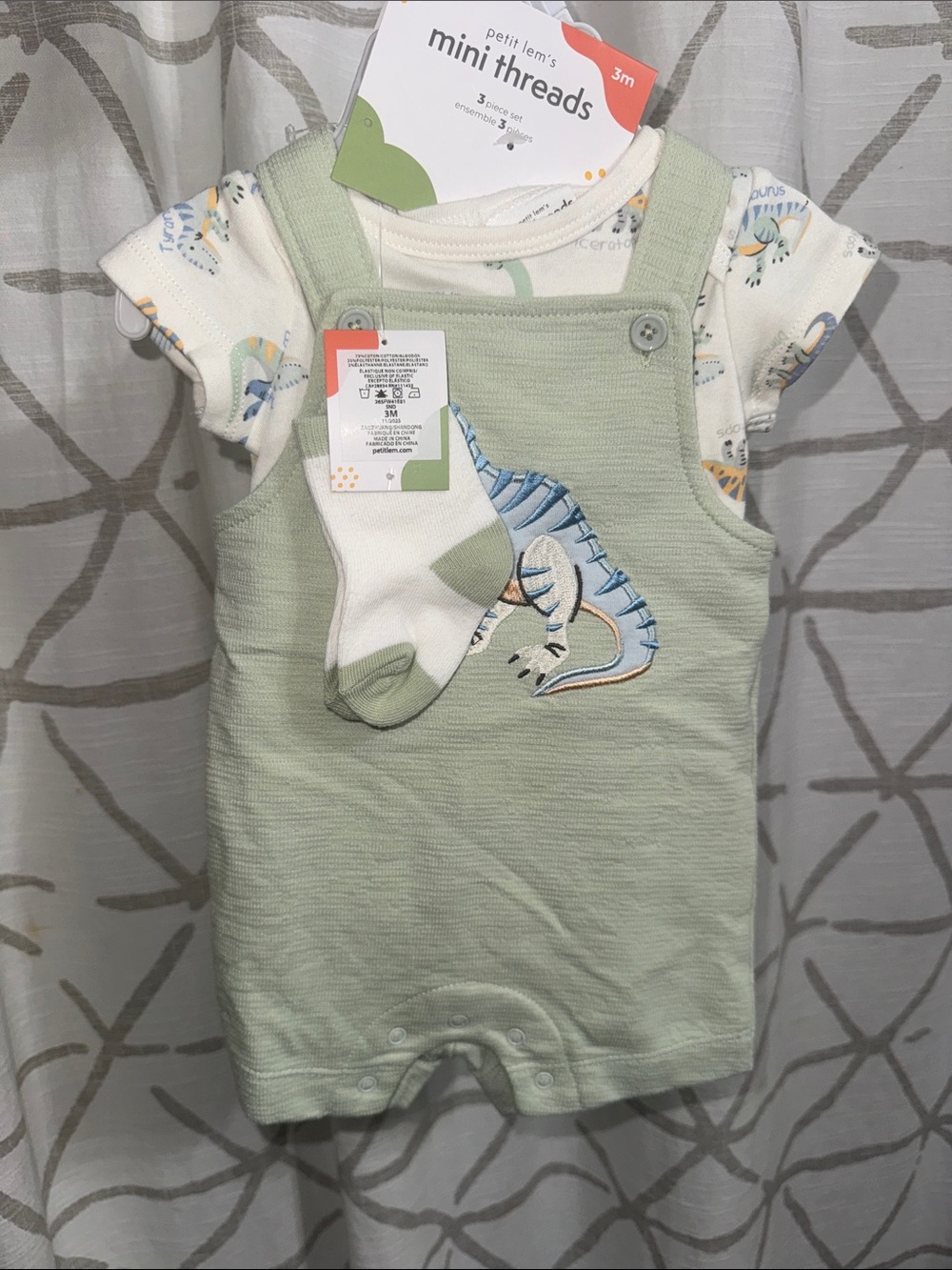 Petit Lem Light Green Dino Overall Set with Cream Tee and Socks